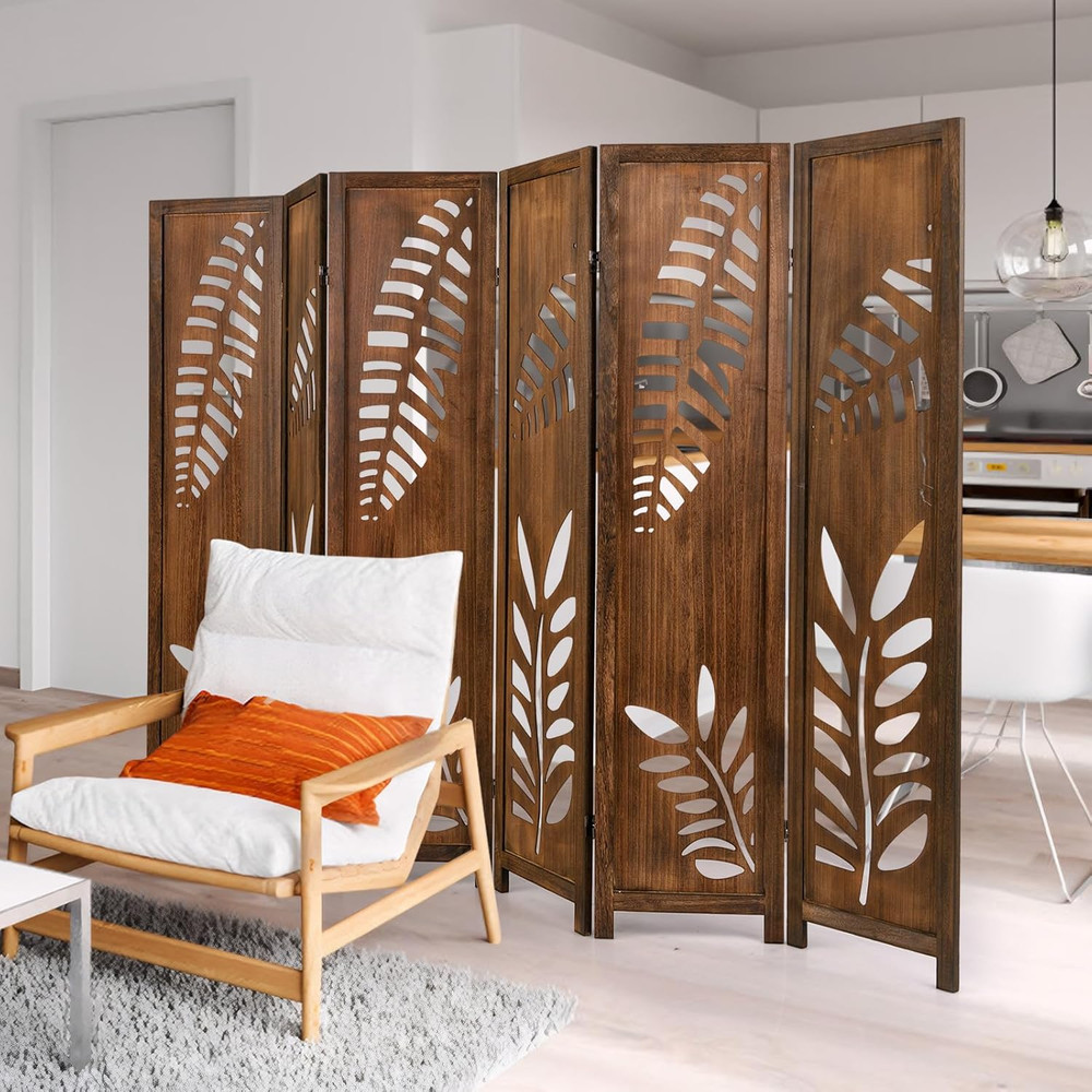 Boho Rustic Room Divider, 6 Panel Carved Leaf Folding Wood Screen, Fully Assembl