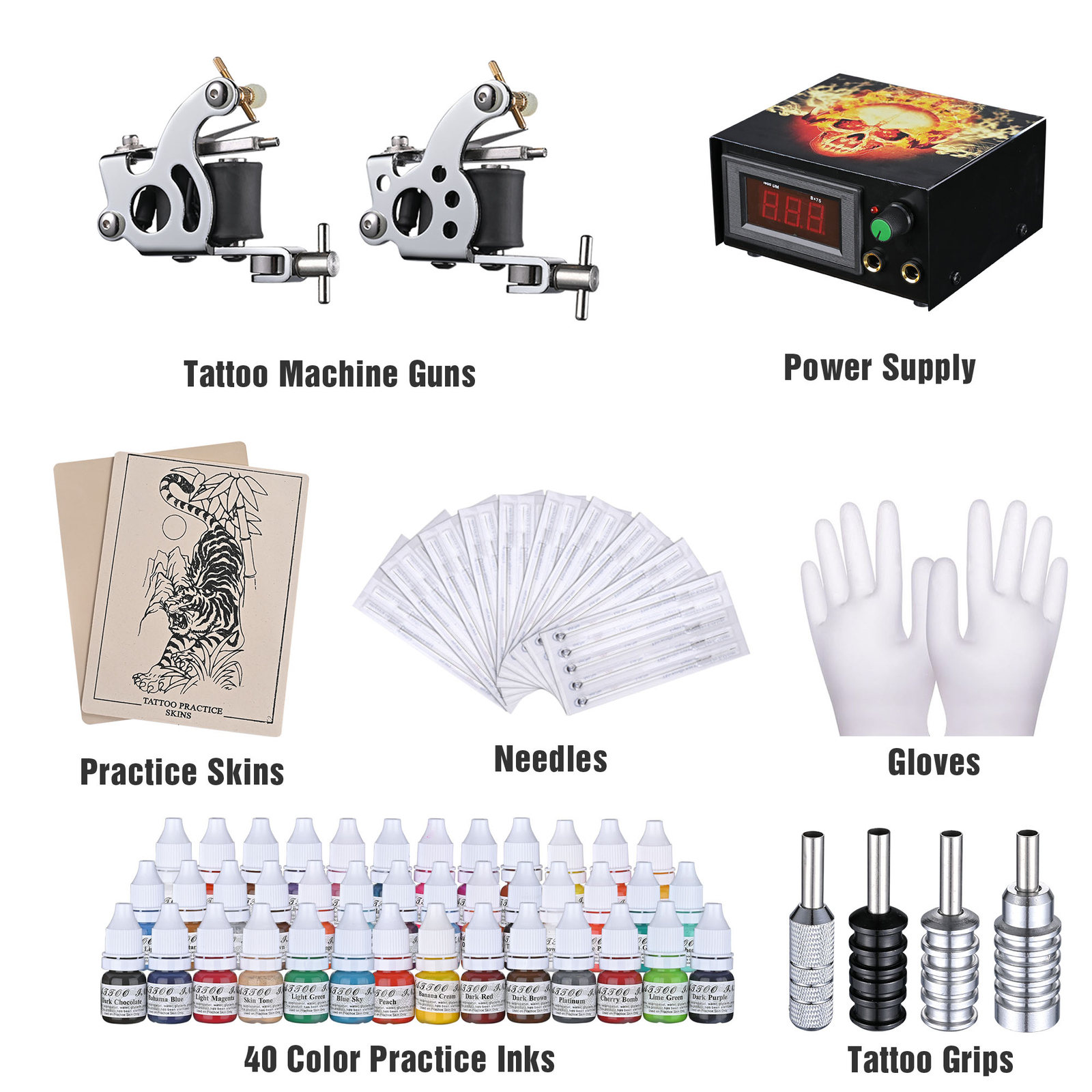 Complete Tattoo Kit 2 Machine Guns 40 Ink Power Supply Needles Grip for Beginner