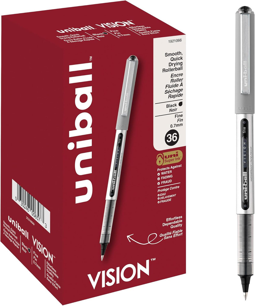 Uniball Vision Rollerball Pens, Fine Point (0.7Mm), Black, 36 Pack