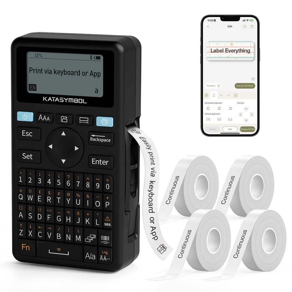 SUPVAN E11 Bluetooth Label Maker Machine with 4 Tapes, Portable, Black