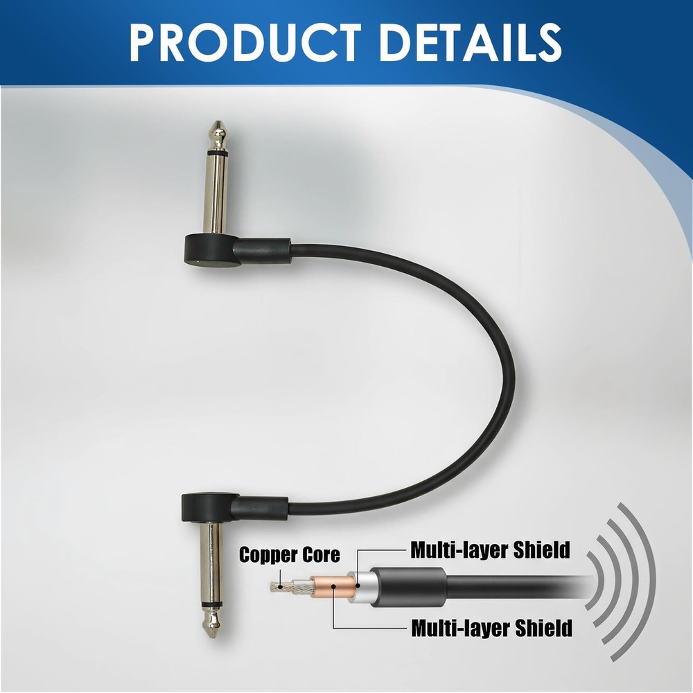 3-Pack Guitar Pedal Cables, 1/4 Inch Flat Patch Cables with Right Angle Conne...