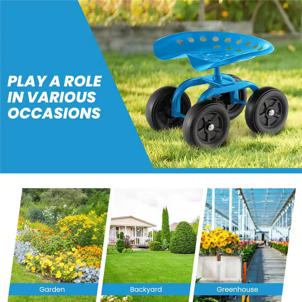 0 Cu. Ft. Metal Rolling Garden Cart Heavy Duty Workseat with 360° Swivel Seat an