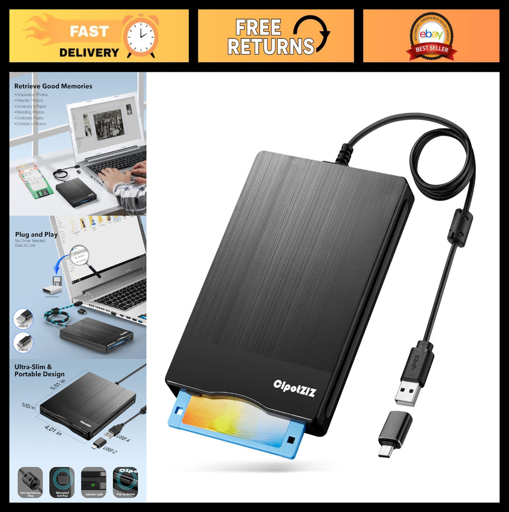 3.5" Floppy Disk Reader USB A&C Drive for Laptop/Desktop - Transfer & Convert Fi