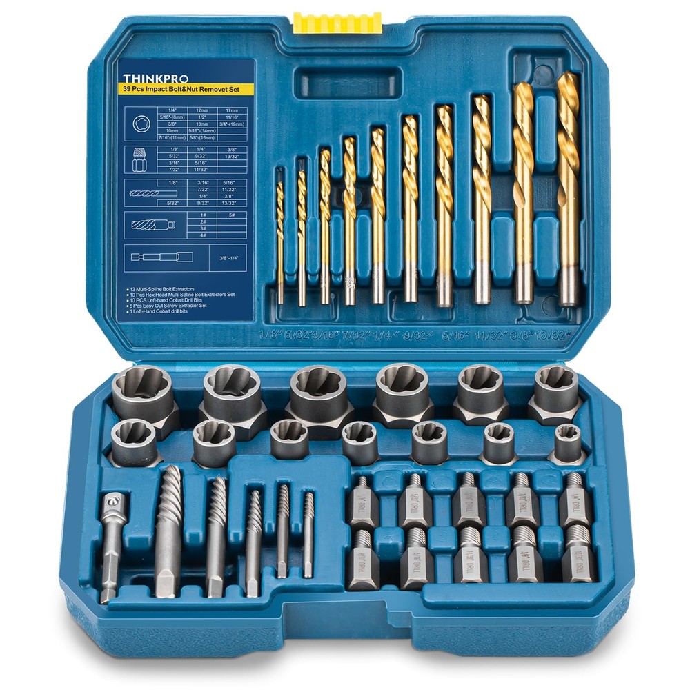 Thinkpro 39Pcs Bolt Extractor Set and Drill Bit Kit,Multi-Spline Screw Extrac...