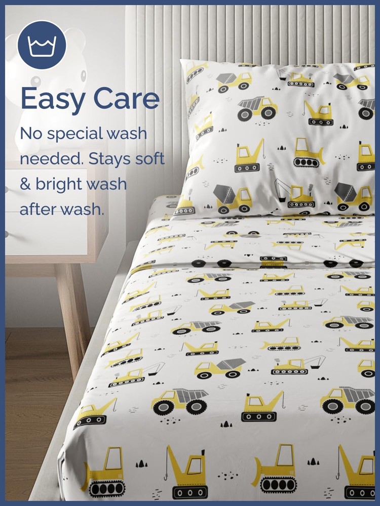 Kids Queen Size Construction Bed Sheets - 4 Piece Car Microfiber Sheet Set - ...