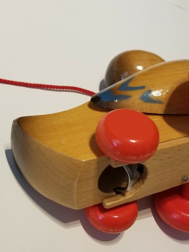Vintage Wobbly Solid Wooden Animated Duck Pull Along String By Simba Rare!