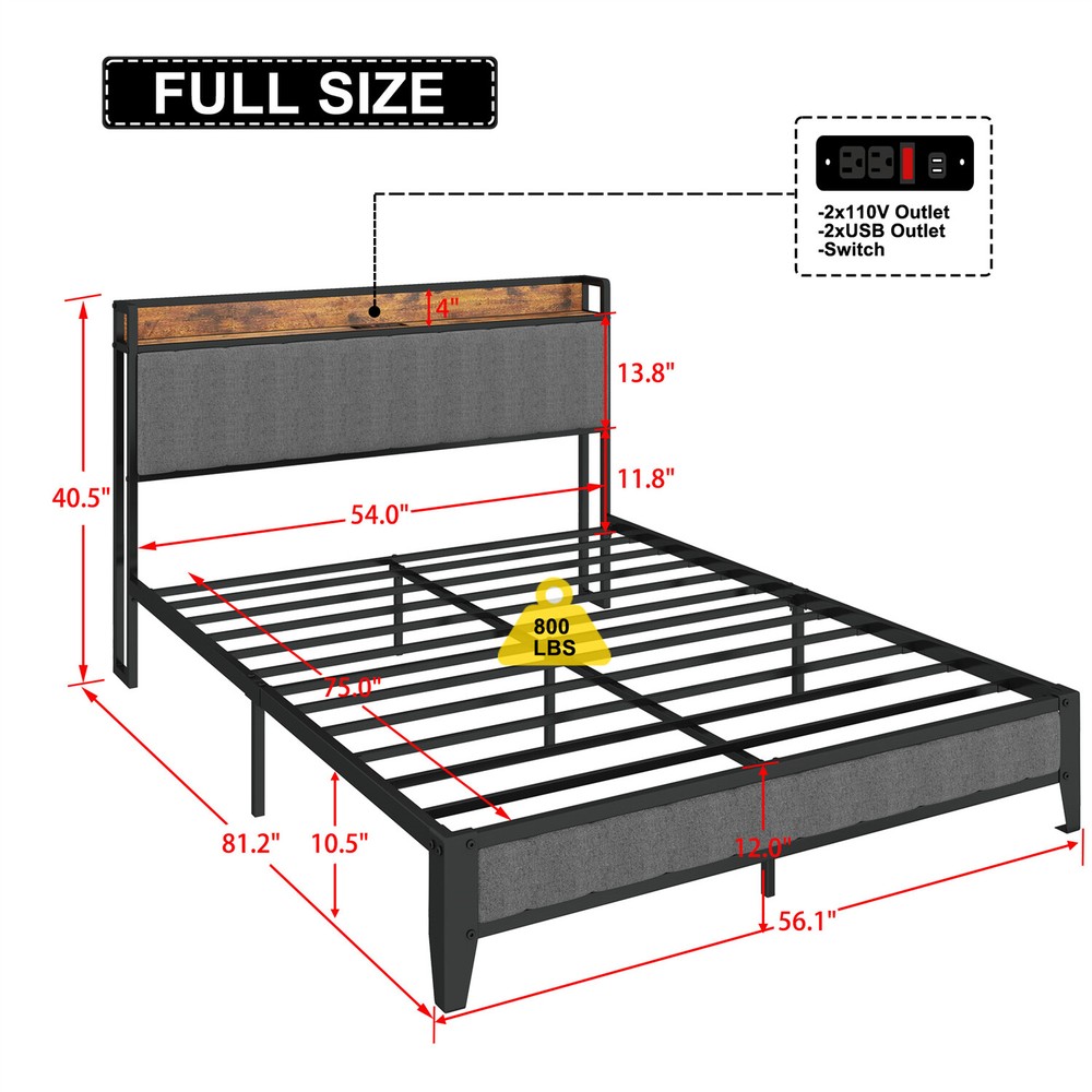 Full Size Bed Frame with Upholstered Headboard Metal Platform Bed w/ Outlet