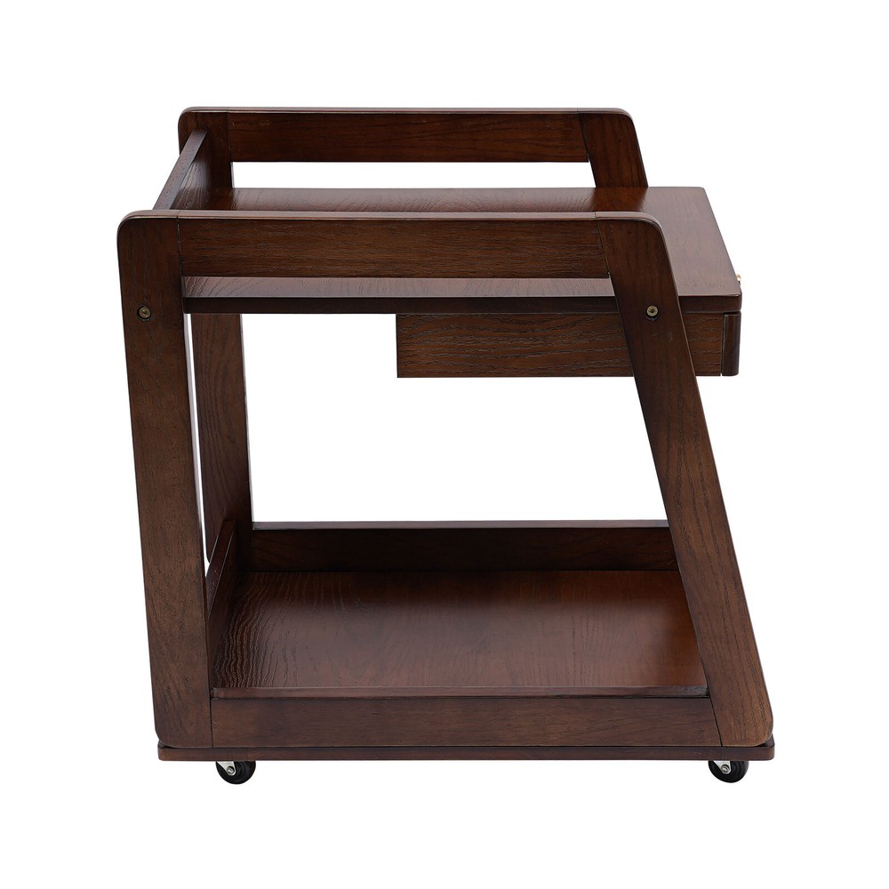 Walnut Retro Wood End Table, 2-tier Side Table, Storage Couch Table with Wheels