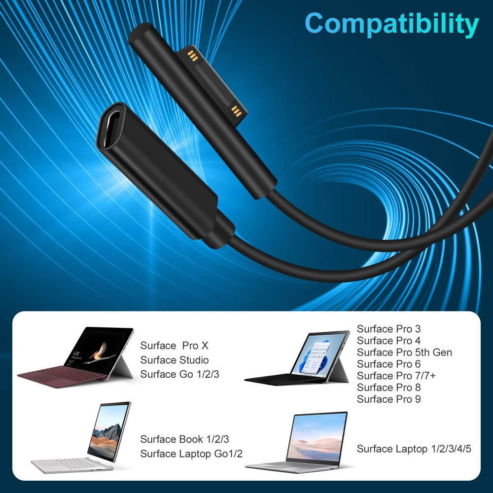 Microsoft Surface Connect to USB-C PD 15V Charging Cable 5.9 inches, black
