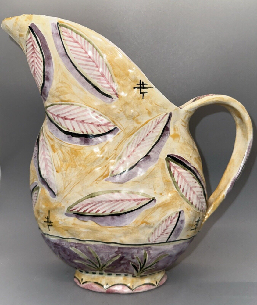 VINTAGE MCM SIGNED ITALIAN? HAND PAINTED POTTERY PITCHER LEAF PATTERN