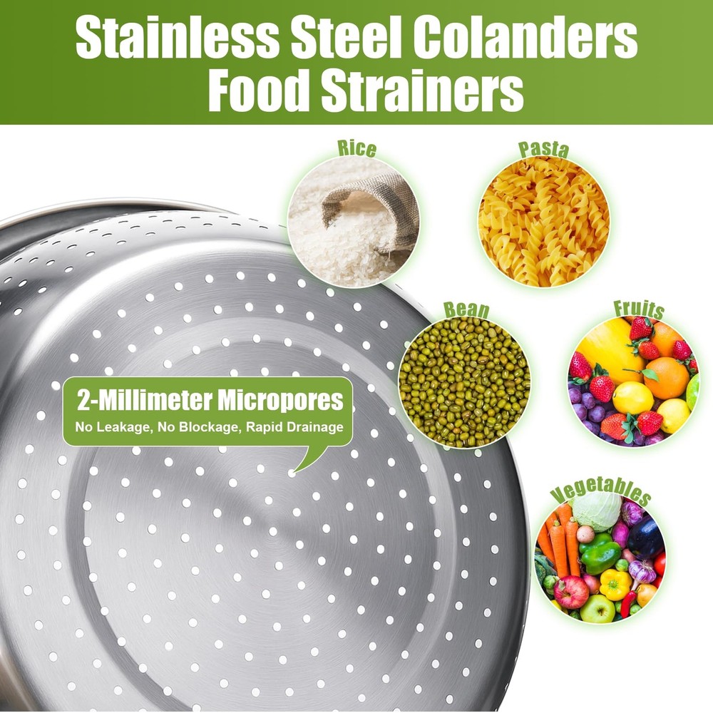 Stainless Steel Colander Set with Self-Draining Base, 3 Sizes Colanders & Foo...