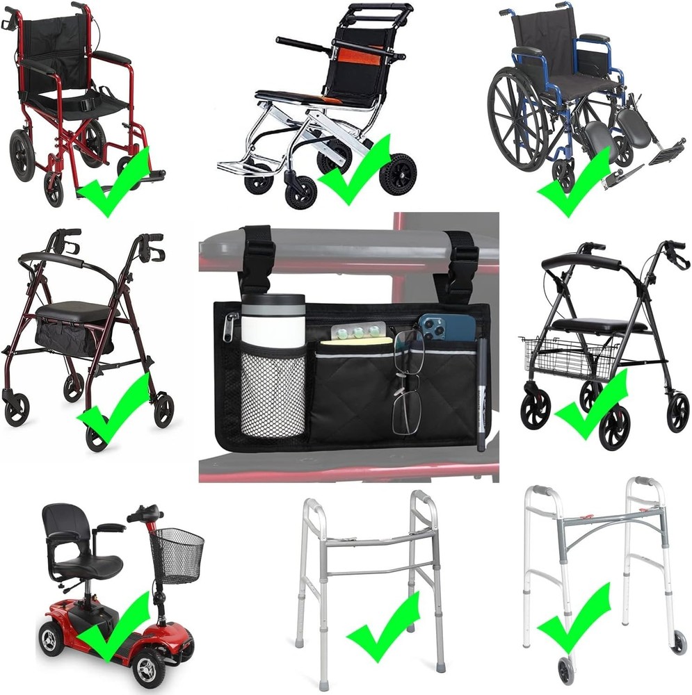 Versatile Wheelchair Side Bag with Safety Reflector & Effortless Accessibility