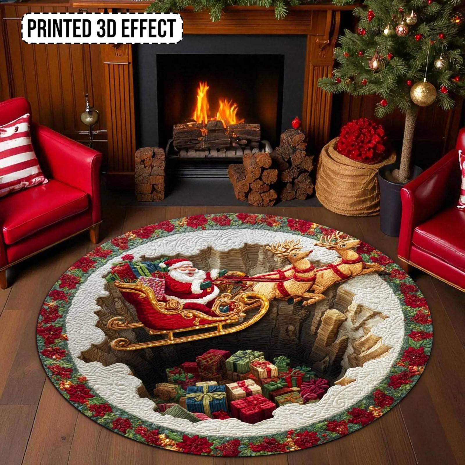 Printed Faux 3D Santa Sleigh Rug, Round Christmas Reindeer Carpet Doormat