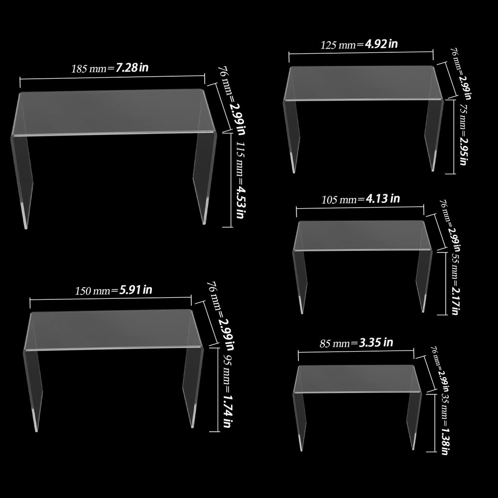 10 Pcs Clear Acrylic Display Risers, 3"" 4"" 5"" 6"" 7"" Rectangular Showcase...