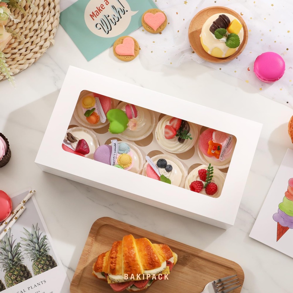 15 White Cupcake Boxes 8 Count with Window and Inserts, Cupcake Containers, C...