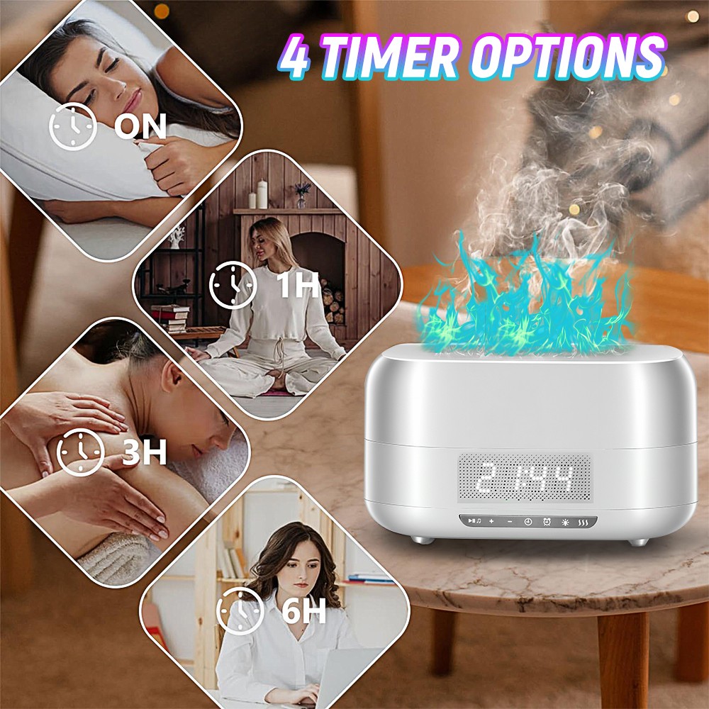 Flame Aroma Diffuser Humidifier Bluetooth Speaker Light Digital Display Clock