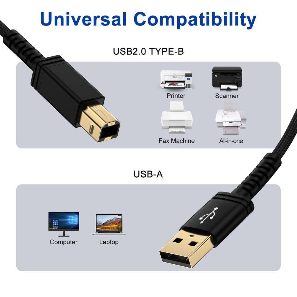 UorMe Printer Cable,10FT USB MIDI Cable Type A Male to B Black