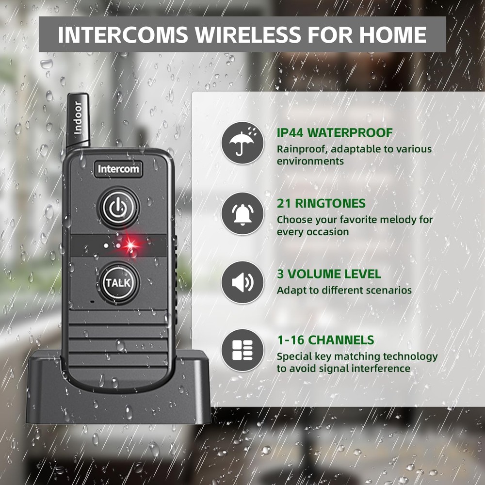 Wireless Home Intercom System 2 Pack Long Range 4900ft Waterproof Office House