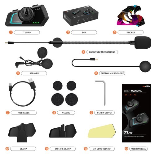 T1 Pro Helmet Bluetooth Headset for 6 Riders Group 2km Bluetooth Helmet Headset