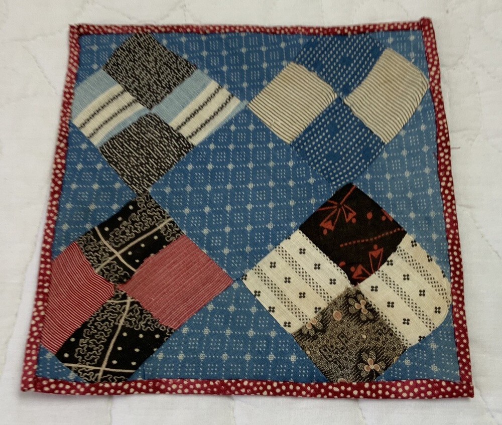 Vintage Antique Patchwork Quilt Table Topper, Four Patch, Blue, Multi