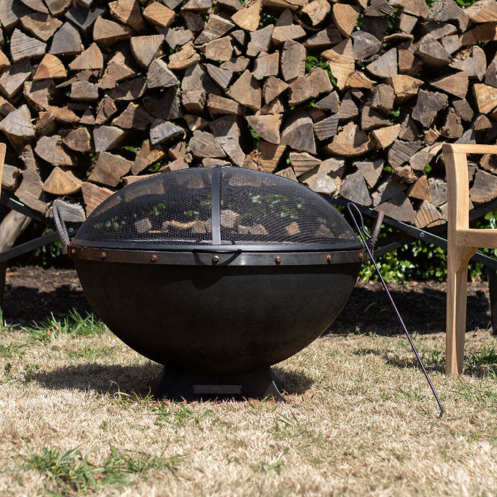 Ash & Ember 32" Hemisphere Fire Pit with Screen and Poker, Cast Iron High-Temper