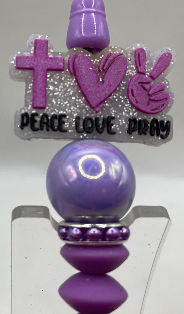 Beaded Pen,religious, “peace,love Pray On Silver Background,lavender Beads