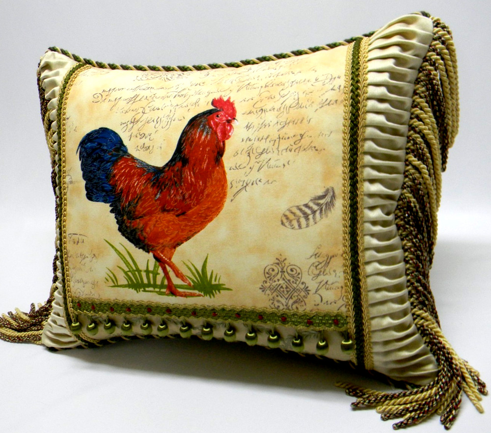 French Script & Rooster, Designer accent Pillow W/ insert