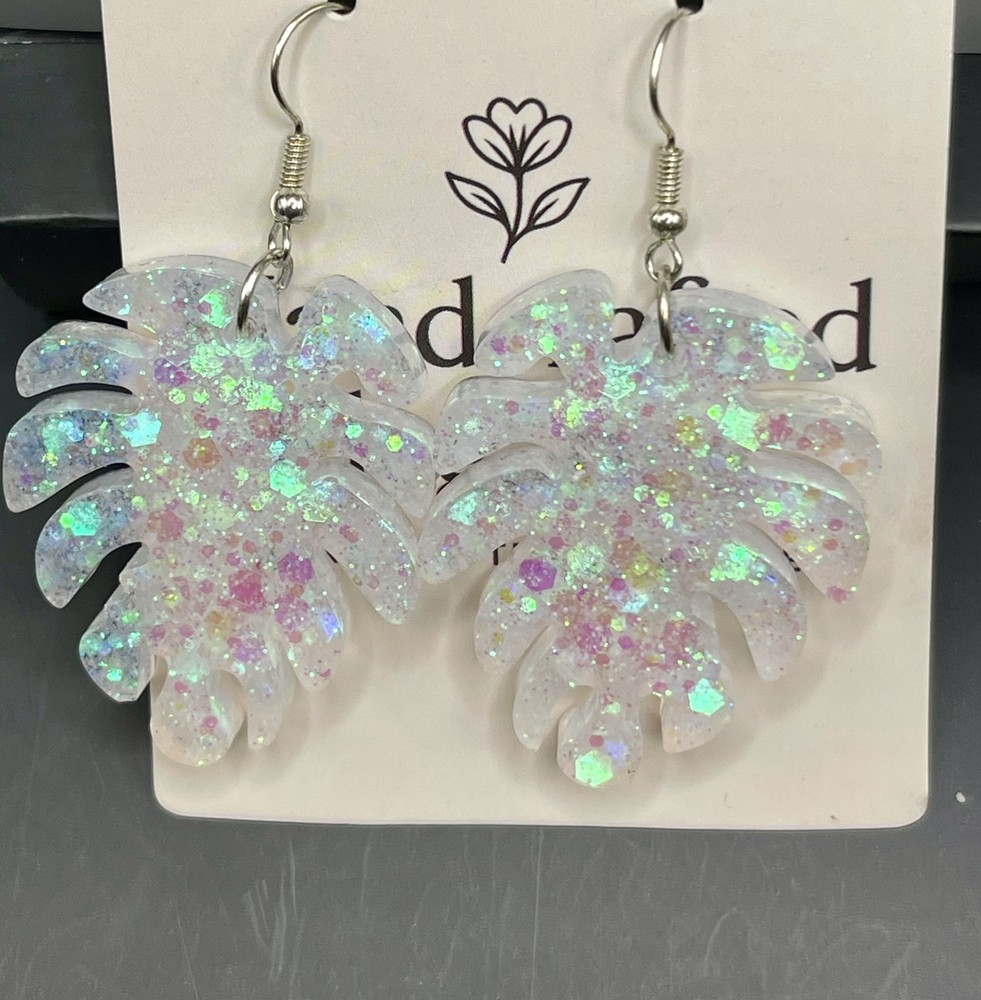 Handcrafted Resin Earrings, Glitter, Leaf Shape, Dangle, iridescent
