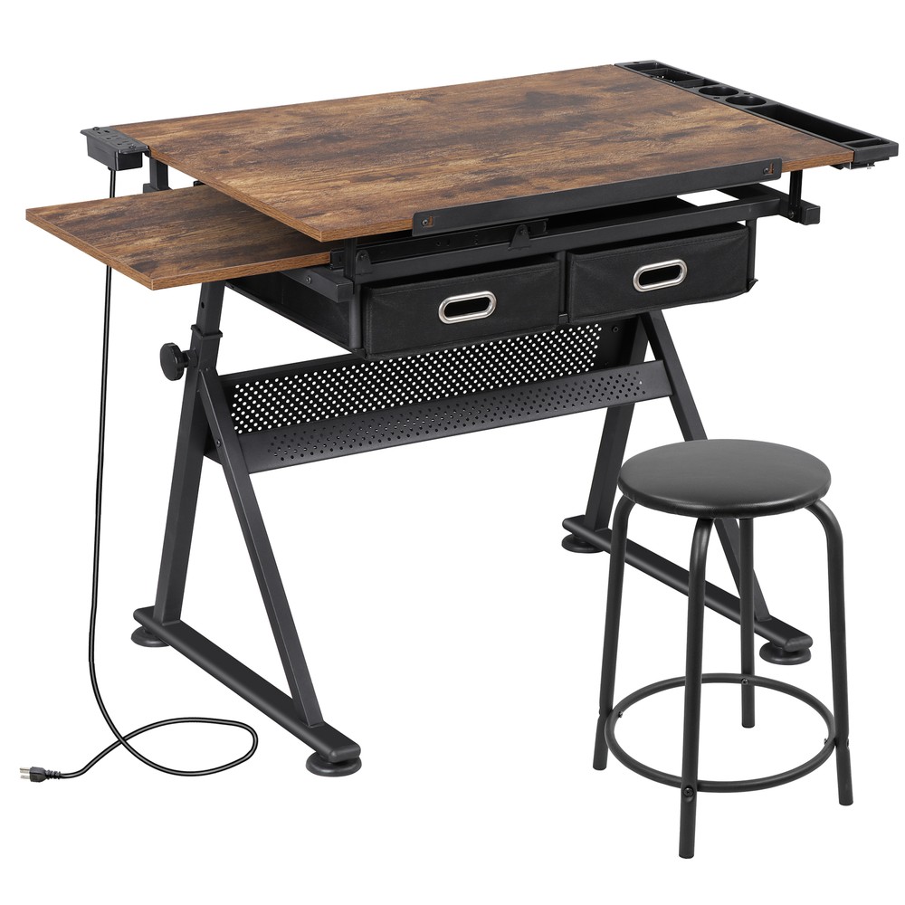 Adjustable Drafting Drawing Tiltable Table & Stool Set with 2 Drawers & Outlet