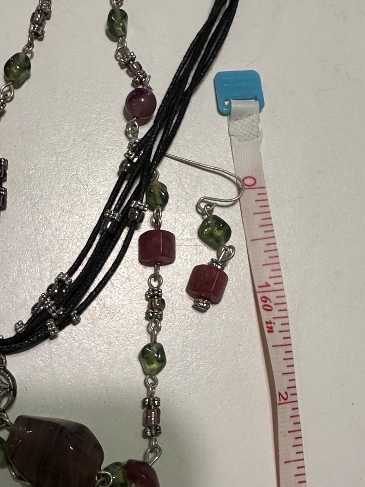Beaded Silver Tone Corded Multi Strand Necklace Earring Set