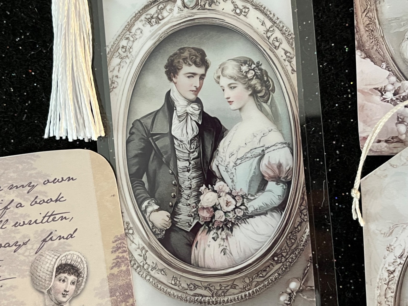 JANE AUSTEN BOOKMARK DUO , GIFT TAGS, QUOTE CARD LAMINATED WITH TASSELS