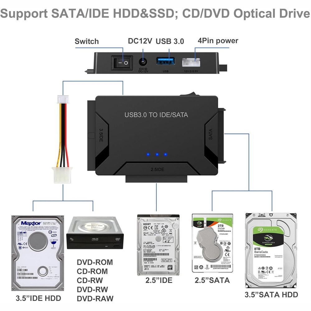 USB 3.0 to IDE & SATA Converter External Hard Drive Adapter Kit 2.5"/3.5" Cable