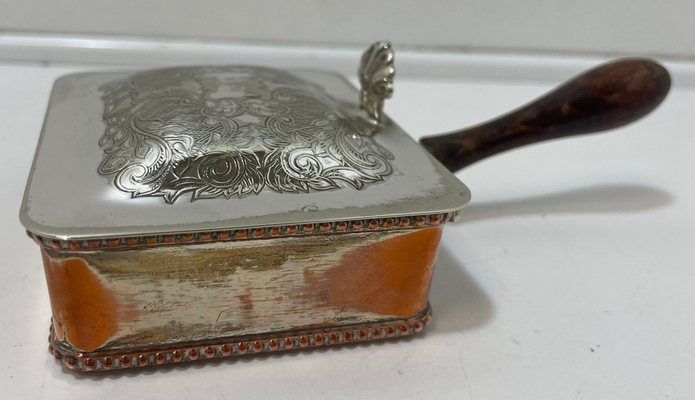 Silver Plate Rectangular Box Crumb Tray with Handle Engraved Artwork Vintage
