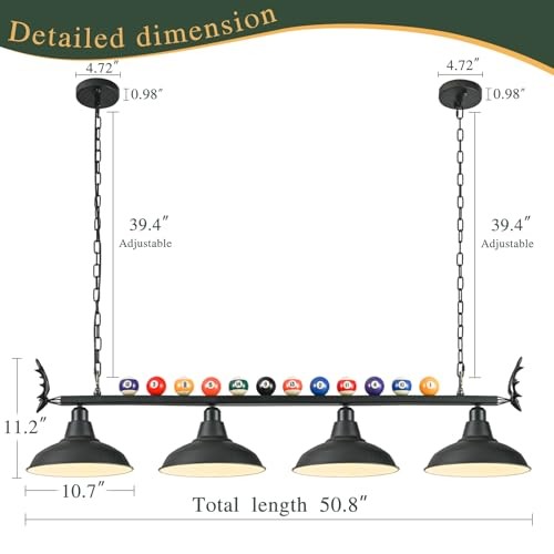 Pool Table Light, Billiard Light for 7' 8' 9' Pool Table, Hanging 4 Lights