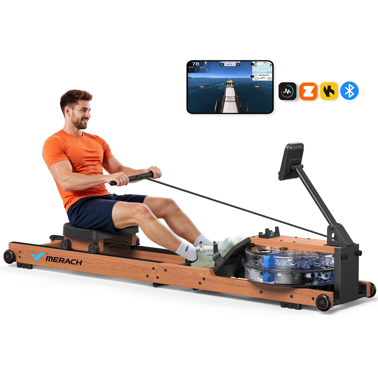 MERACH R28 Foldable Water Rowing Machines for Home Gym with 400LB Weight Wood
