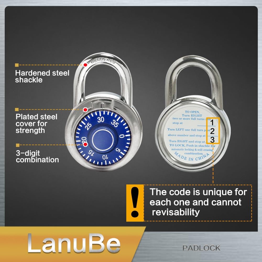 Standard Dial Combination Lock, 2 in. Wide, with Different Combinations, Blue...