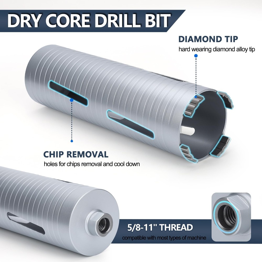 2-1/16 inch Diamond Dry Core Drill Bit, 10" Drilling Depth, 5/8-11 Thread Core D