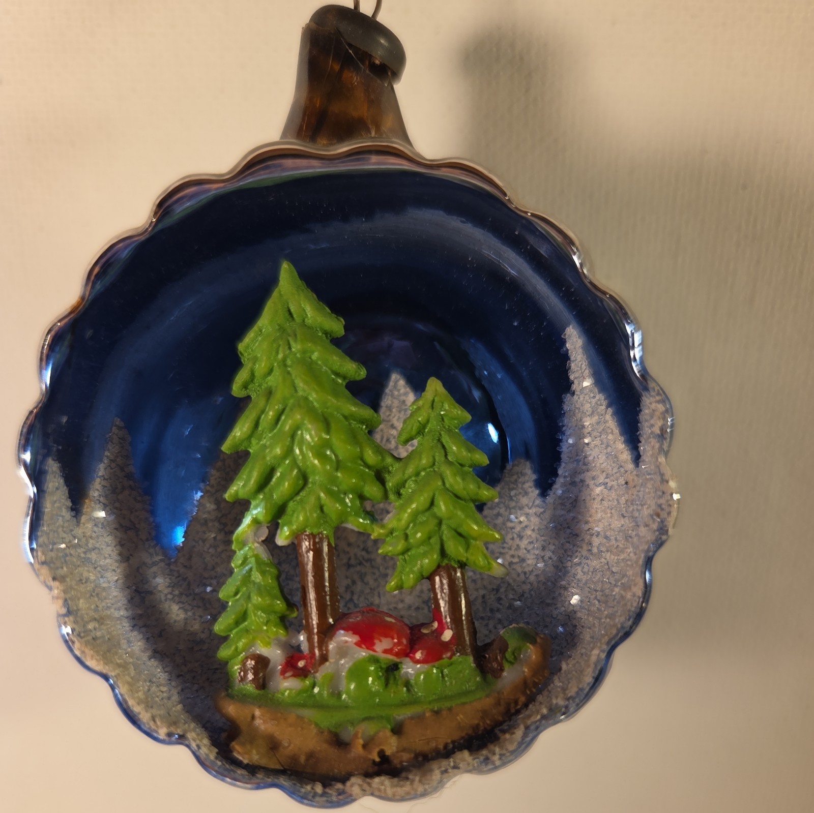 Vintage Glass Diorama PINE TREE MUSHROOMS Indent BALL Christmas Ornament Italy?