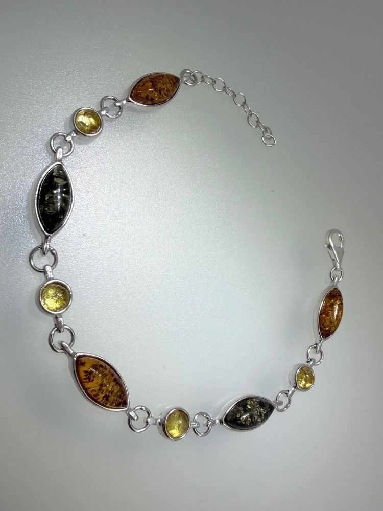 Sterling Silver Multicolor Baltic Amber Link Bracelet