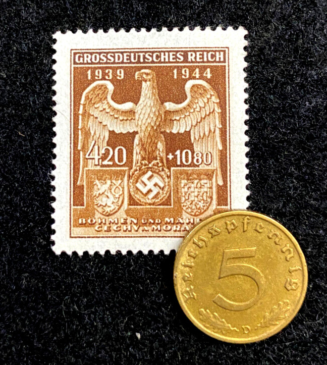 WWII Germany 5 Reichspfennig Coin 1936-1939 & Golden Eagle Stamp 420+1080 Set