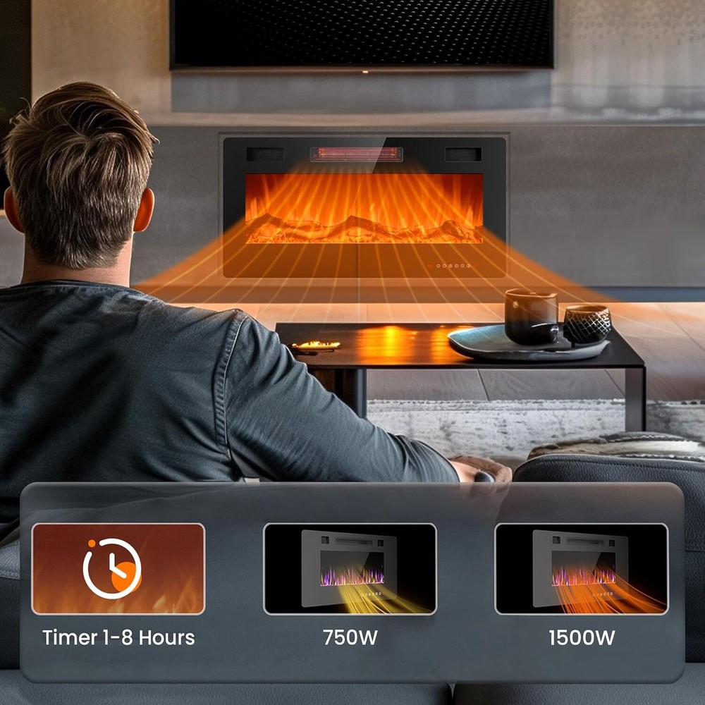 36 Inch Electric Fireplace Inserts, in-Wall Recessed &Wall Mounted,Timer,Remote