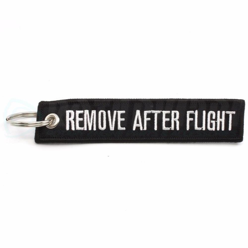REMOVE AFTER FLIGHT KEYCHAIN QTY= 1 PC BLACK/white TAGS FLAGS PILOT CREW