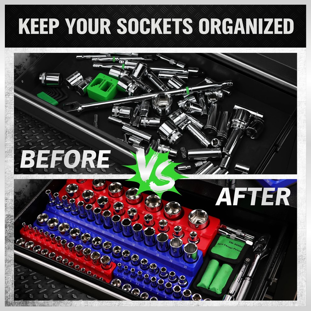 6PCS Socket Holder Magnetic Socket Organizer Set 1/4", 3/8", 1/2" Sockets Holds