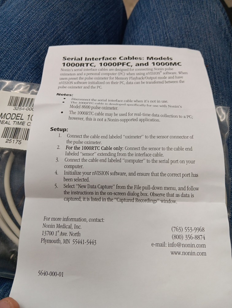 Nonin Cable Serial Interface Model 1000rtc 1000pfc 1000mc