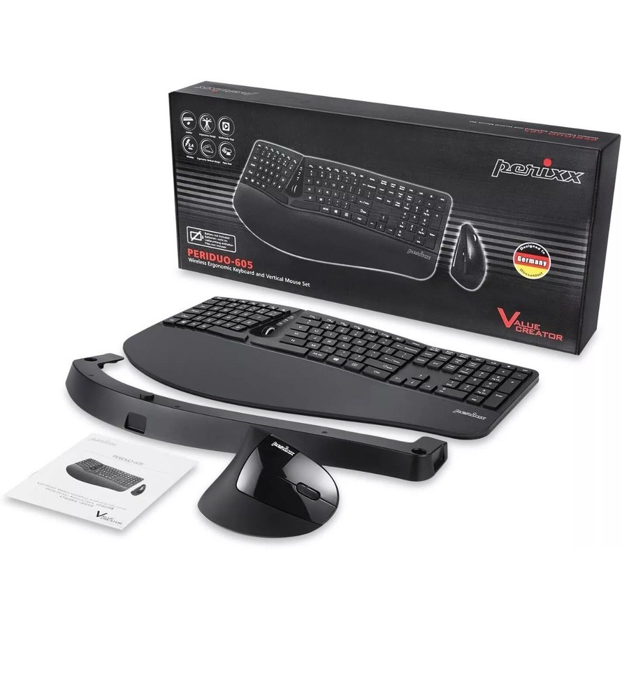 Perixx Periduo-605 Wireless Ergonomic Split Keyboard Vertical Mouse Combo Black