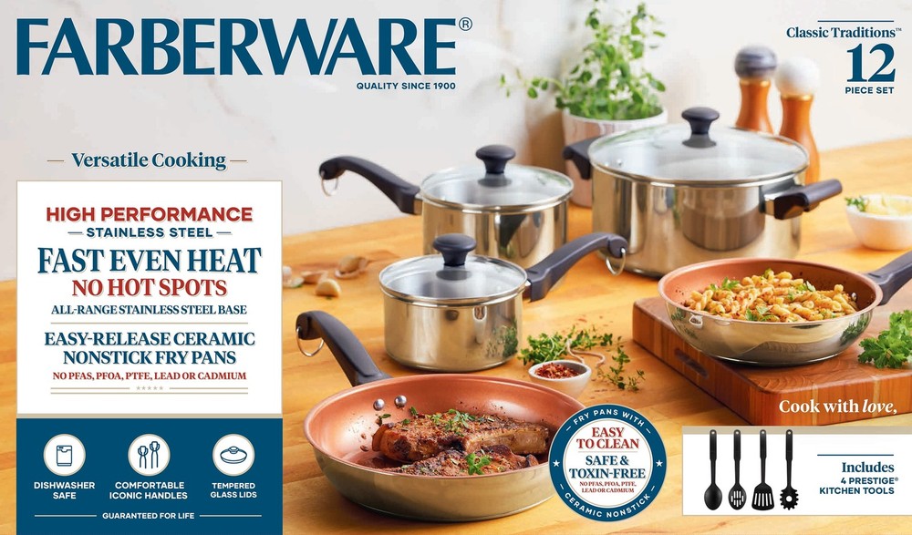 Farberware Classic 12pc Stainless Steel Cookware Set Induction Ceramic Nonstick