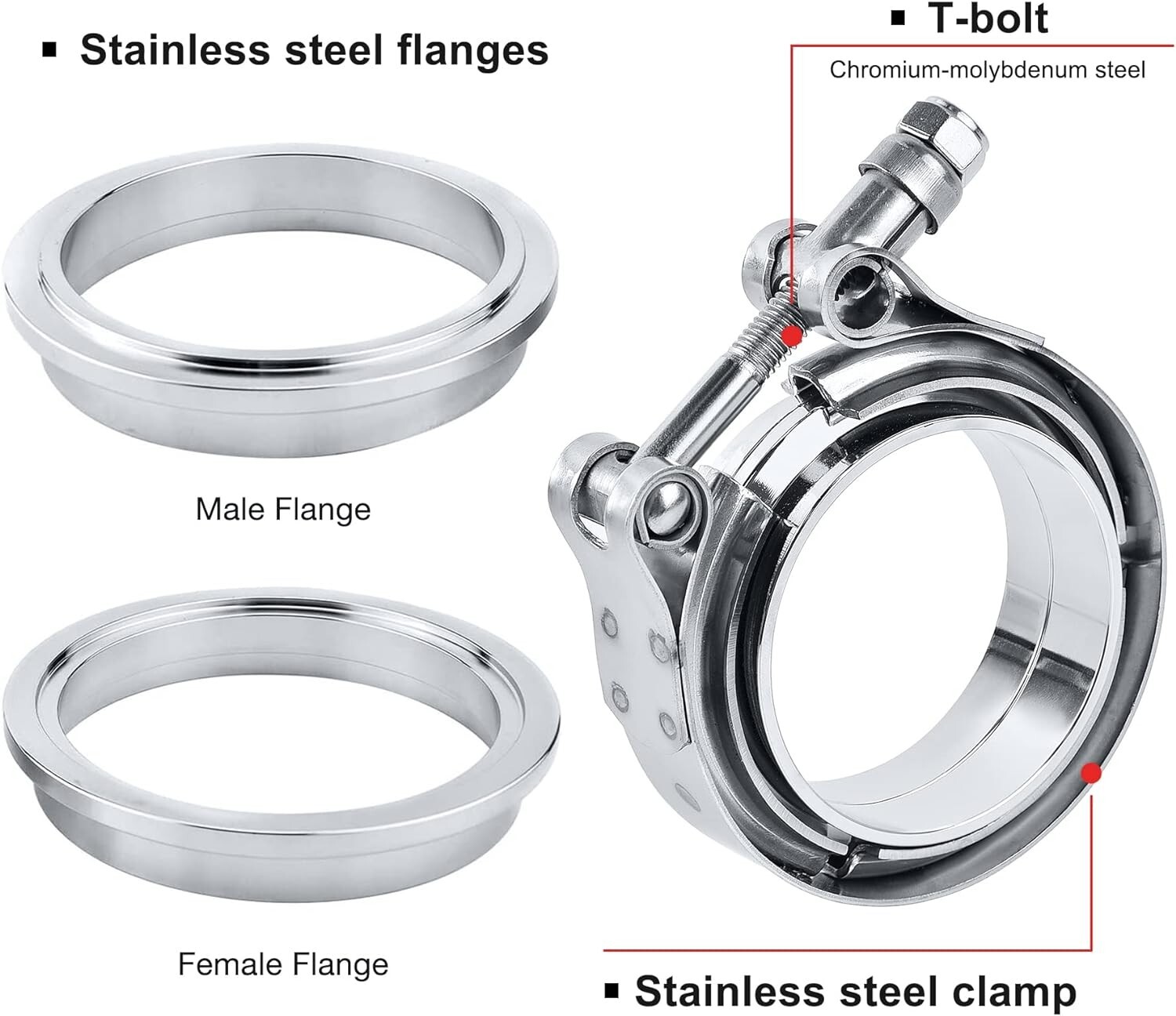LokoCar 2.5 Inch V Band Clamp With Flange Male Female Stainless Steel 4Pcs