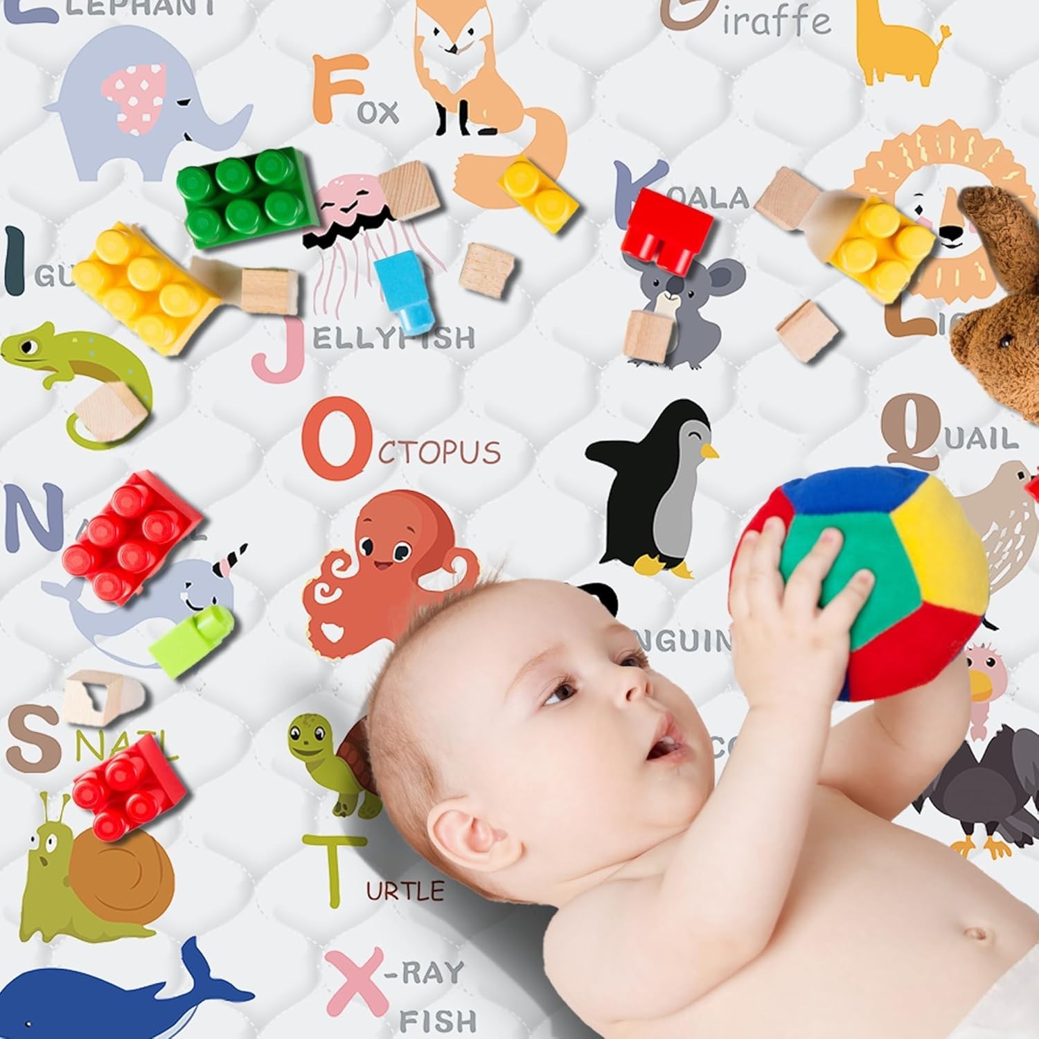 Portable Foldable Baby Play Mat - 50" x 50" Animal Alphabet Crawling Surface