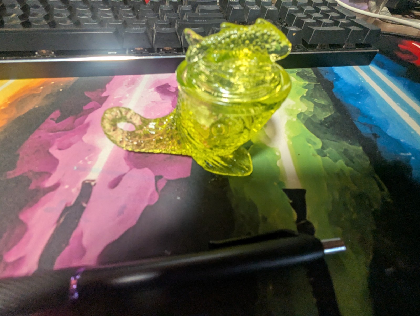 Summit Glass Pisello Dolphin Fish Whale Salt Cellar w_Lid 3.5" Uranium Vaseline