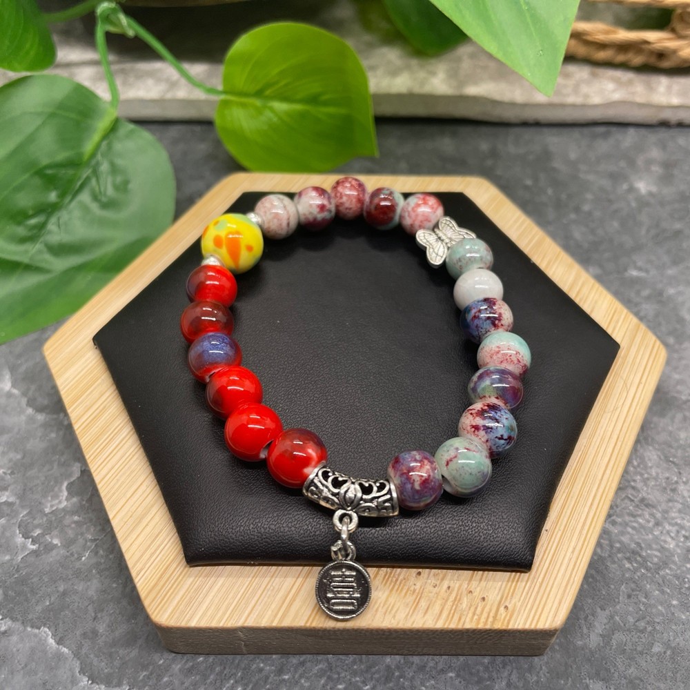 Handmade Ceramic Bead Beaded Stackable 6.5” Plus Stretch Bracelet New B482